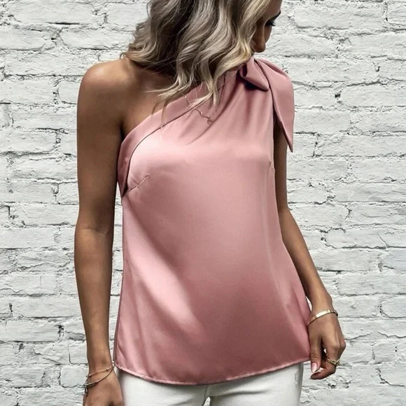Satin silky one shoulder bow blouse tank top light pink - Picture 2 of 11